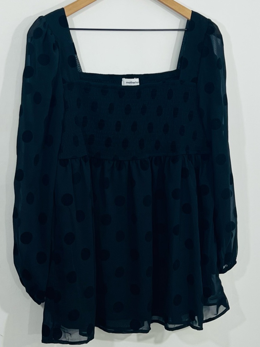 Motherhood Gorgeous Black Blouse Long Sheer Sleeves Polka Dots Square Neckline M